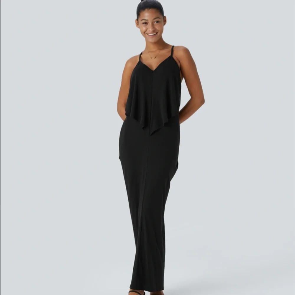 HALARA V Neck, Tie Back, Ruched Black Dress - Picture 5 of 6
